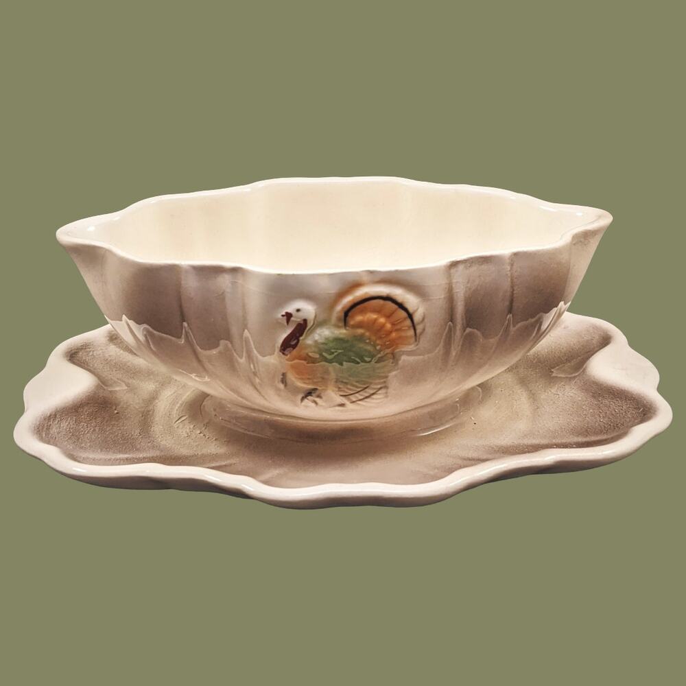 Vintage 1960 Lane & Co. Turkey Gravy Boat with Attached Dish